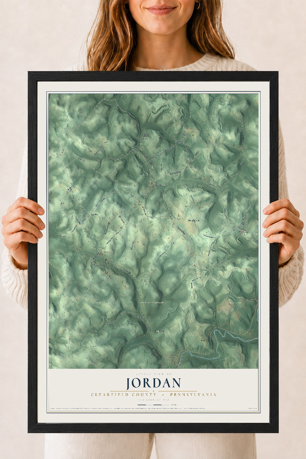 Map of Jordan, Clearfield County, Pennsylvania, 18 x 24 inch print in a black wood frame