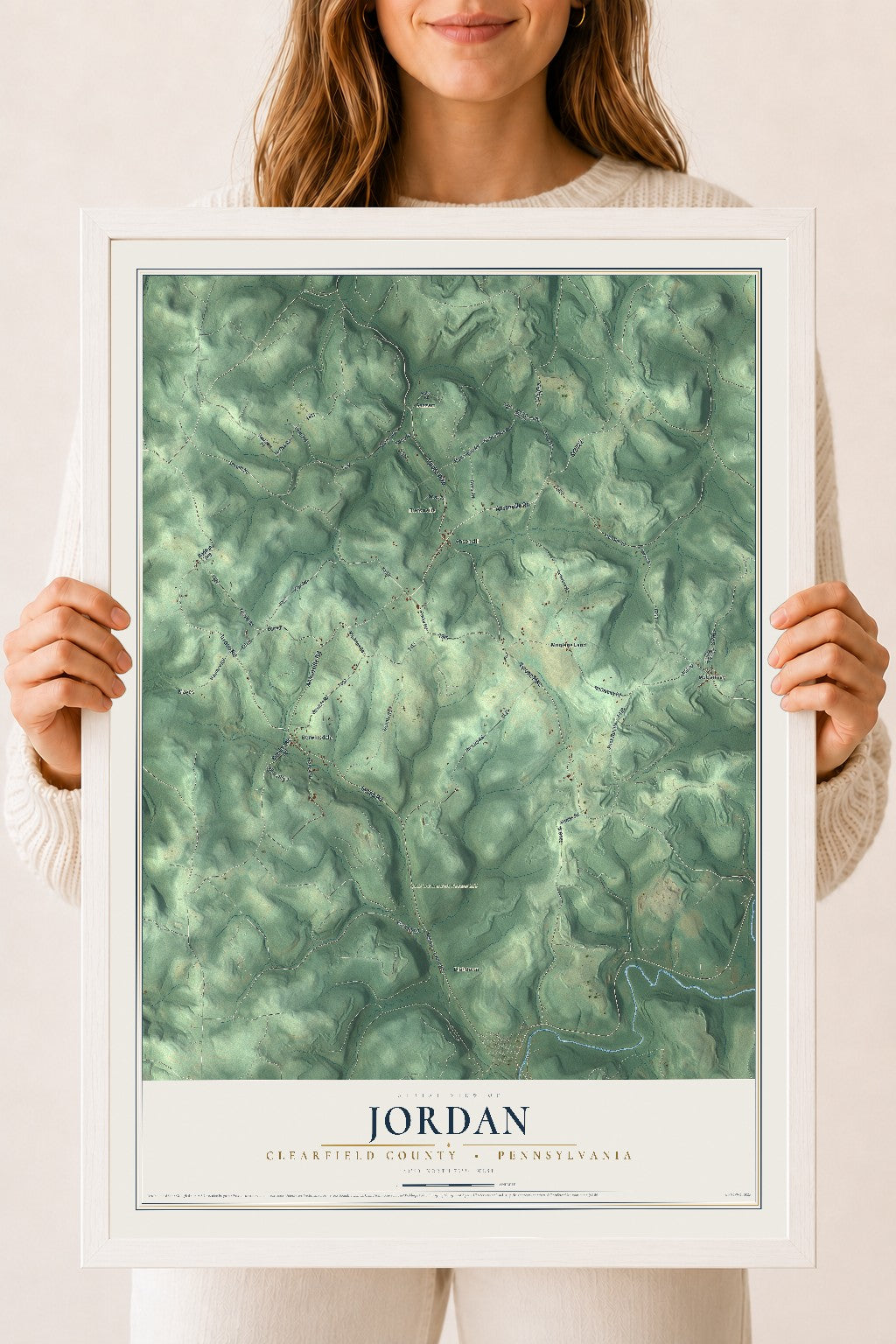 Map of Jordan, Clearfield County, Pennsylvania, 18 x 24 inch print in a white wood frame
