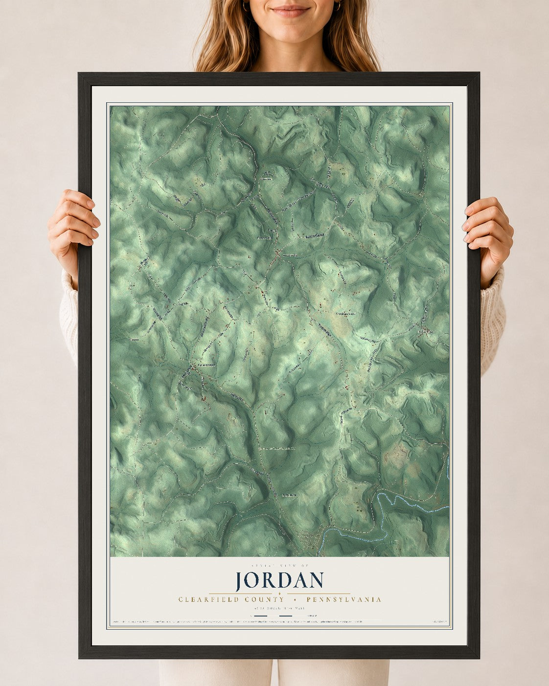 Map of Jordan, Clearfield County, Pennsylvania, 24 x 36 inch print in a black wood frame
