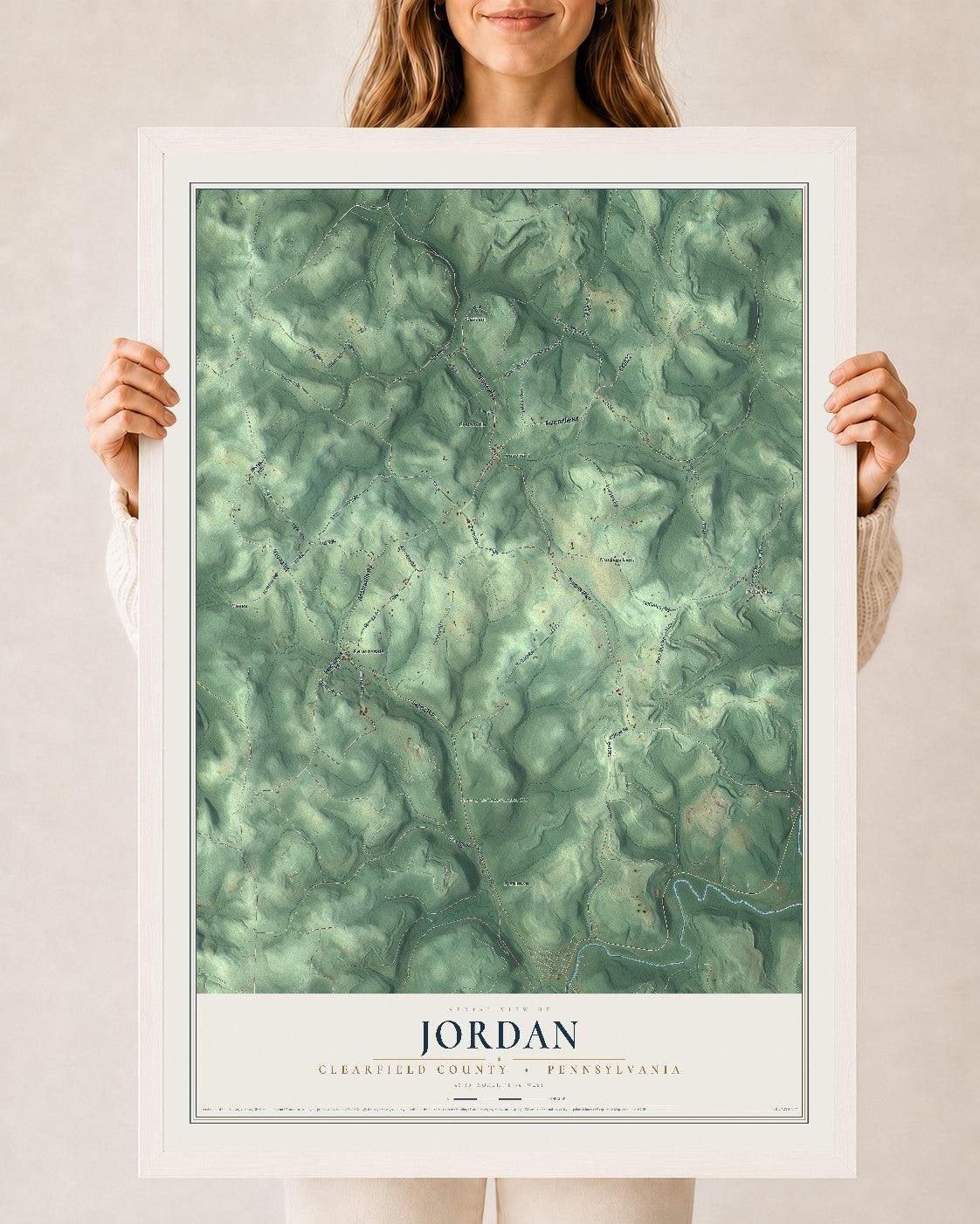 Map of Jordan, Clearfield County, Pennsylvania, 24 x 36 inch print in a white wood frame