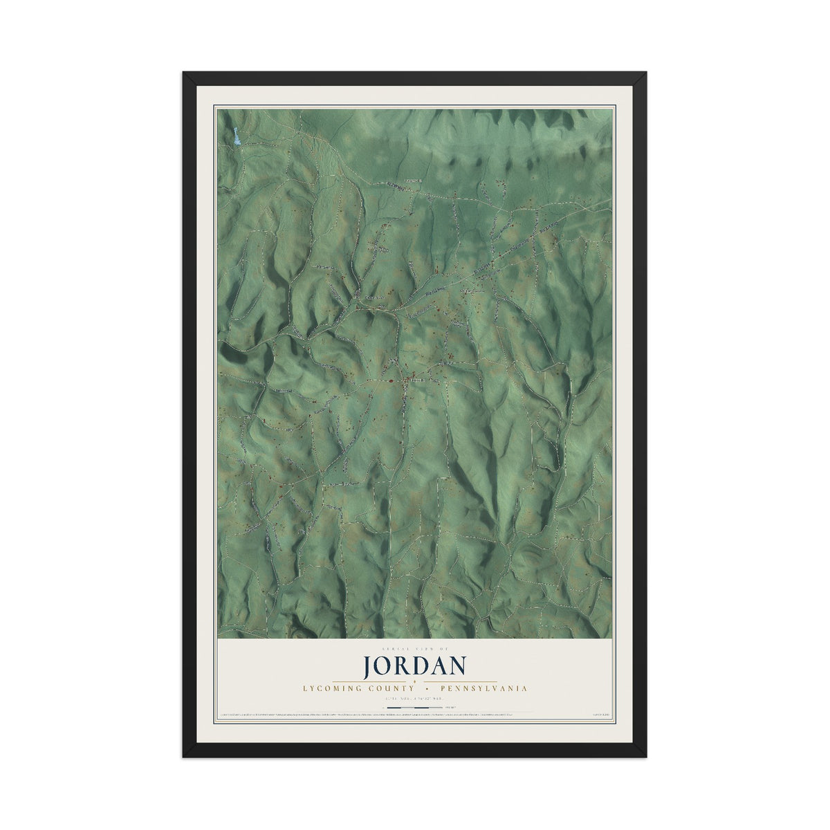 Map of Jordan, Lycoming County, Pennsylvania, 12 x 18 inch print in a black wood frame