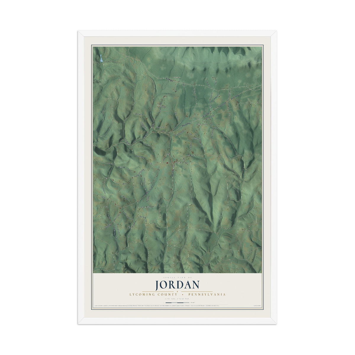 Map of Jordan, Lycoming County, Pennsylvania, 12 x 18 inch print in a white wood frame