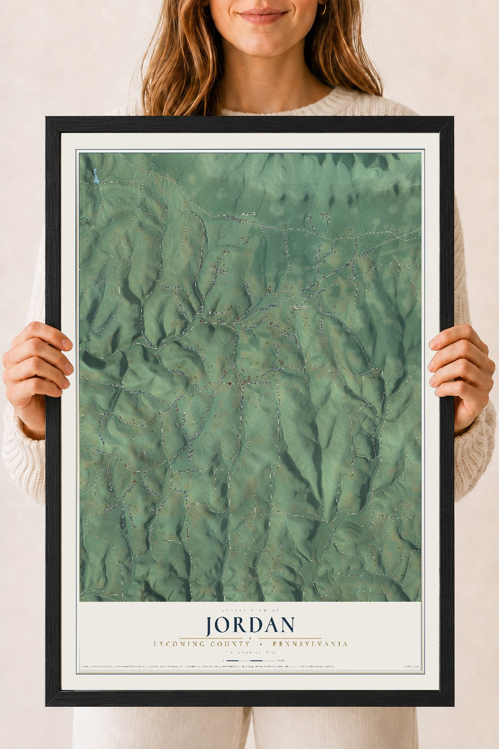 Map of Jordan, Lycoming County, Pennsylvania, 18 x 24 inch print in a black wood frame