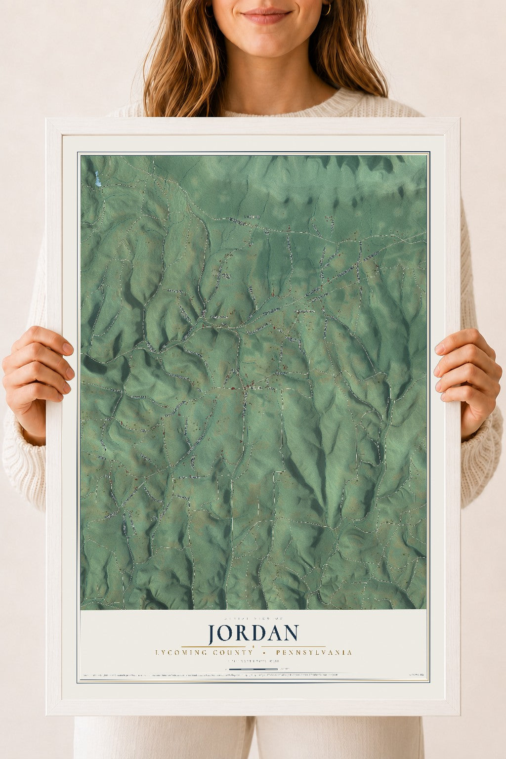 Map of Jordan, Lycoming County, Pennsylvania, 18 x 24 inch print in a white wood frame
