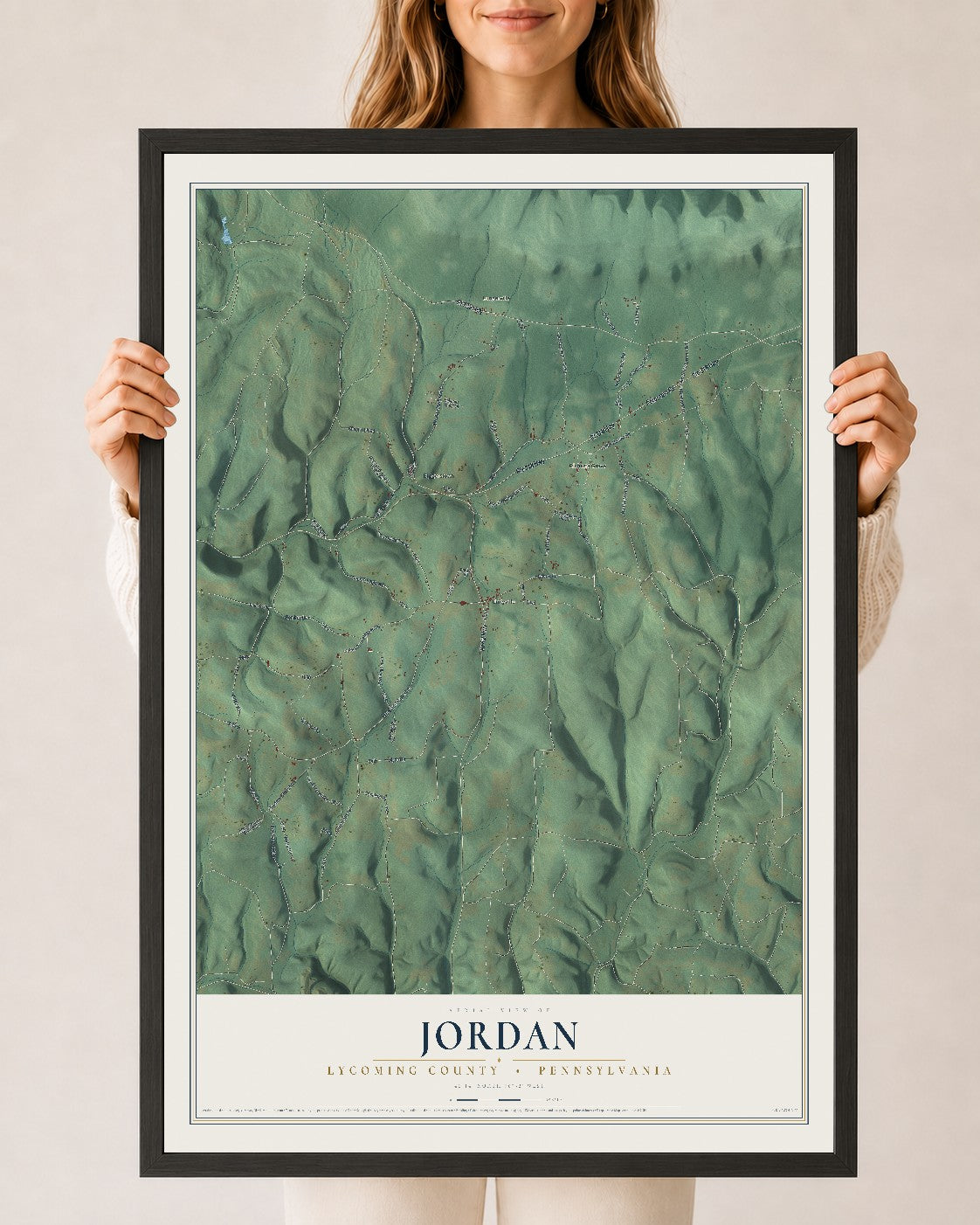Map of Jordan, Lycoming County, Pennsylvania, 24 x 36 inch print in a black wood frame