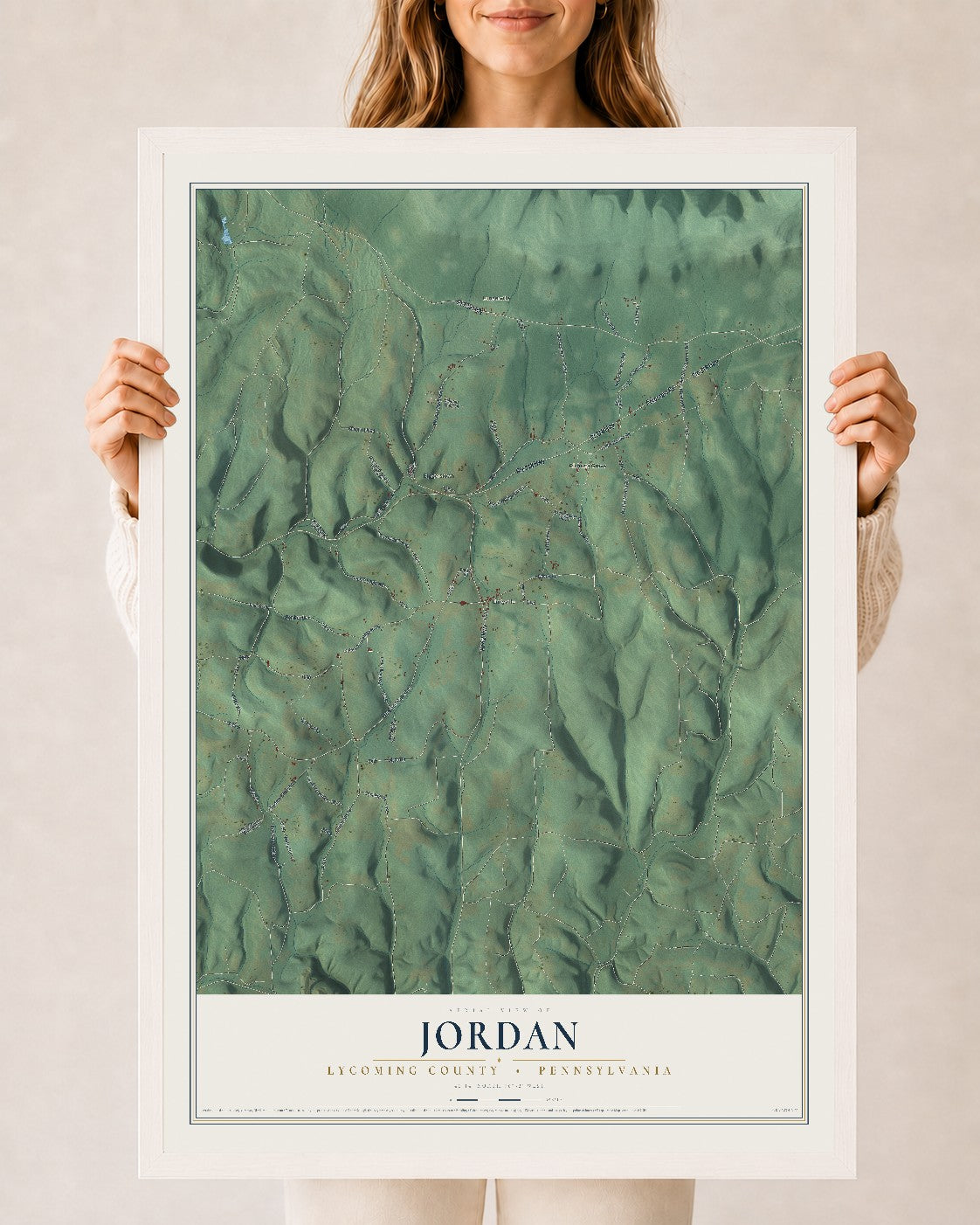 Map of Jordan, Lycoming County, Pennsylvania, 24 x 36 inch print in a white wood frame