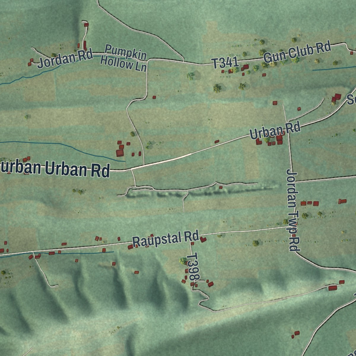 Second close-up of the map of Jordan, Northumberland County, Pennsylvania print showing more streets and buildings