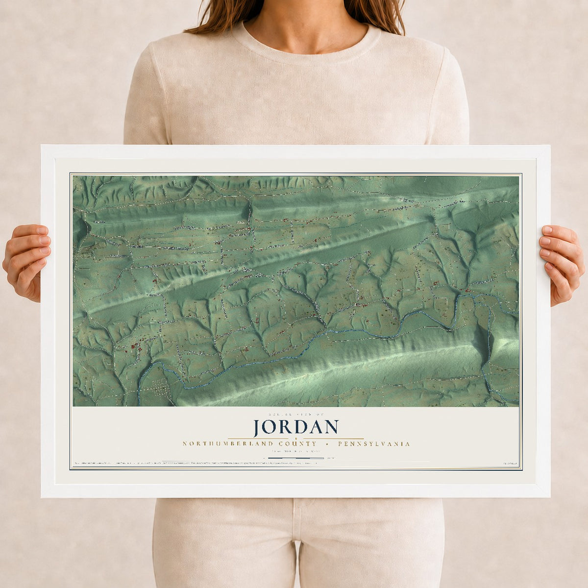 Map of Jordan, Northumberland County, Pennsylvania, 12 x 18 inch print in a white wood frame