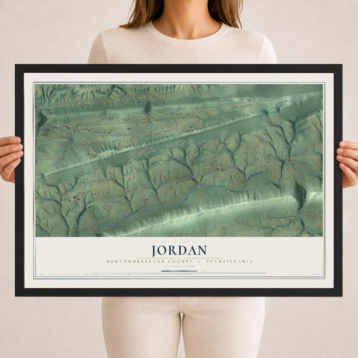 Map of Jordan, Northumberland County, Pennsylvania, 18 x 24 inch print in a black wood frame