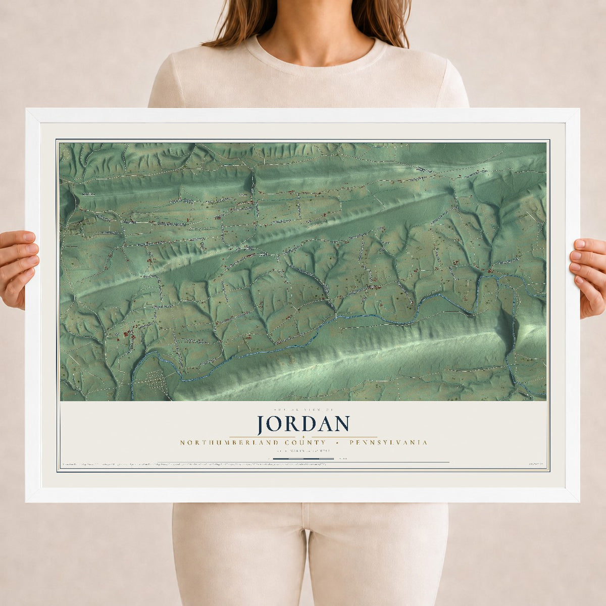 Map of Jordan, Northumberland County, Pennsylvania, 18 x 24 inch print in a white wood frame