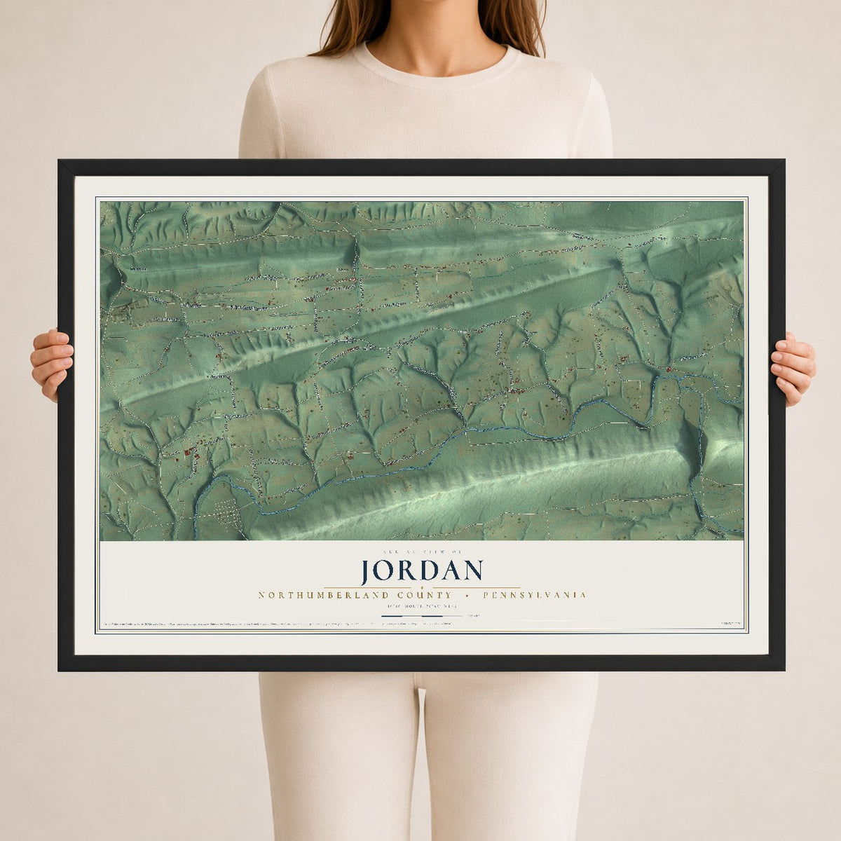 Map of Jordan, Northumberland County, Pennsylvania, 24 x 36 inch print in a black wood frame