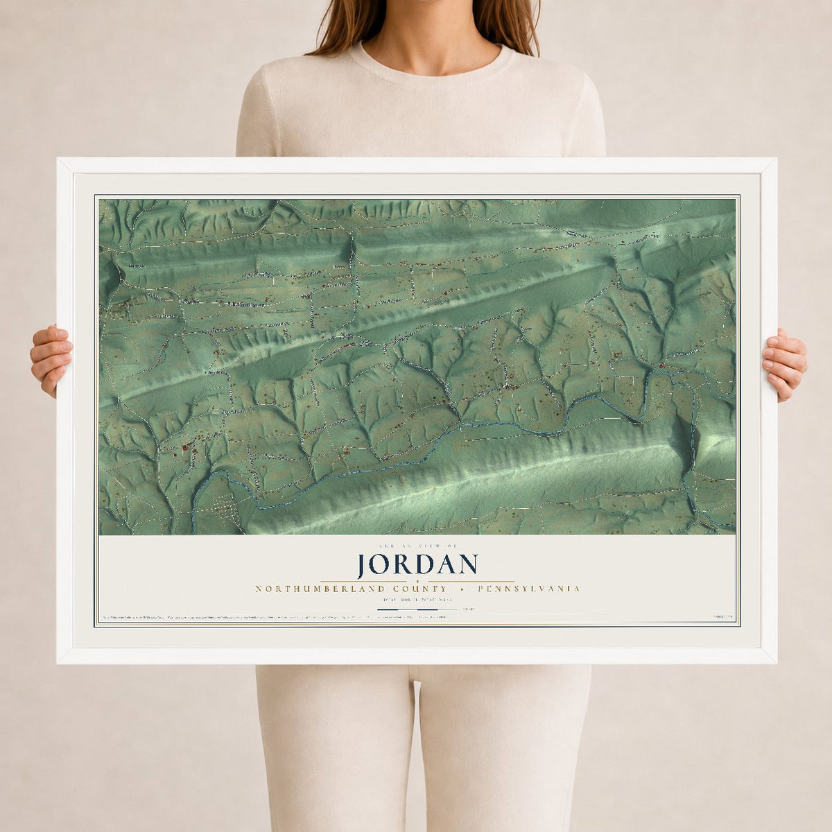 Map of Jordan, Northumberland County, Pennsylvania, 24 x 36 inch print in a white wood frame