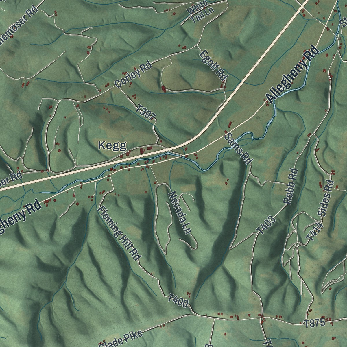 Close-up of the map of Juniata, Bedford County, Pennsylvania print showing street and building detail