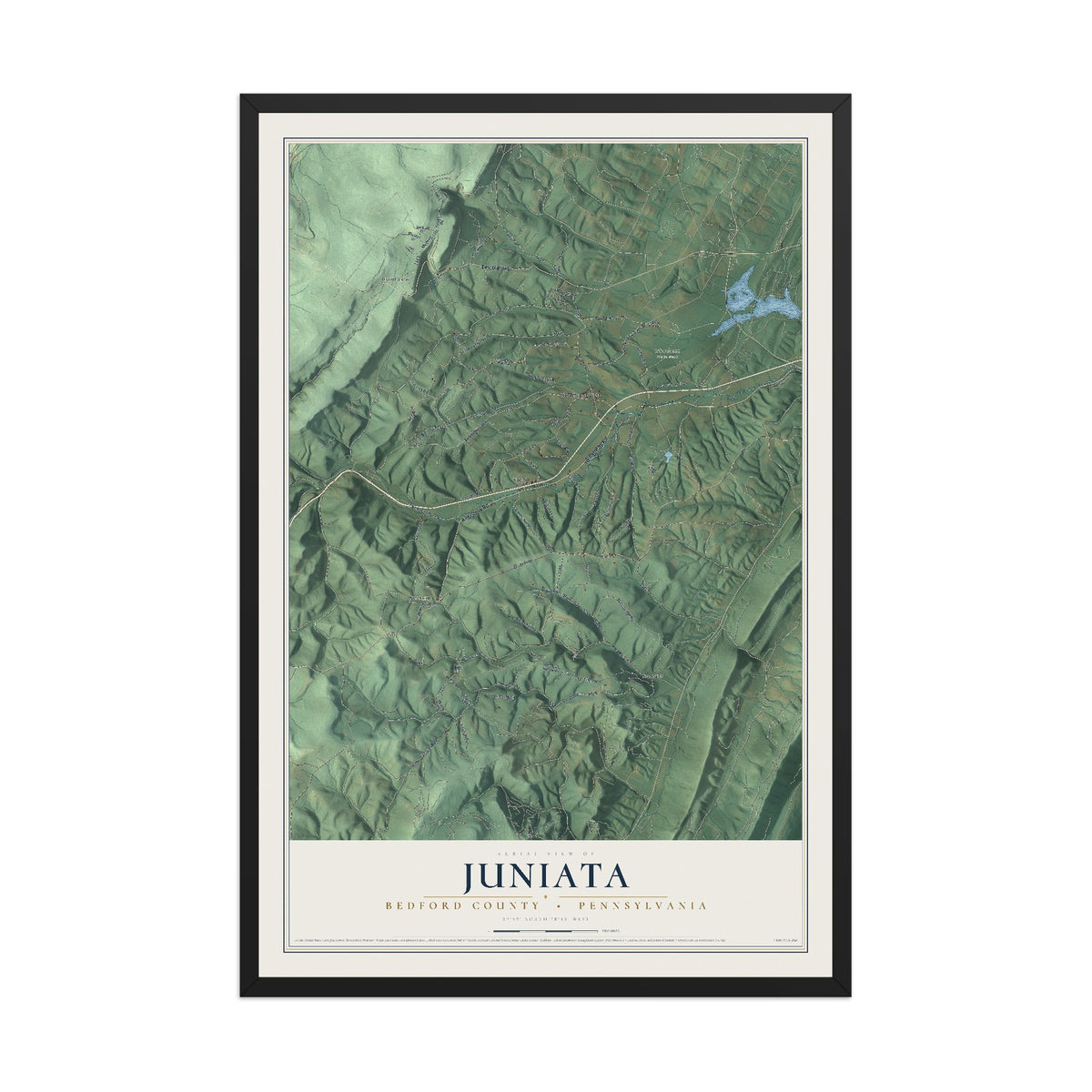 Map of Juniata, Bedford County, Pennsylvania, 12 x 18 inch print in a black wood frame