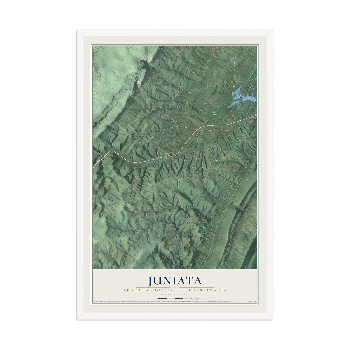 Map of Juniata, Bedford County, Pennsylvania, 12 x 18 inch print in a white wood frame