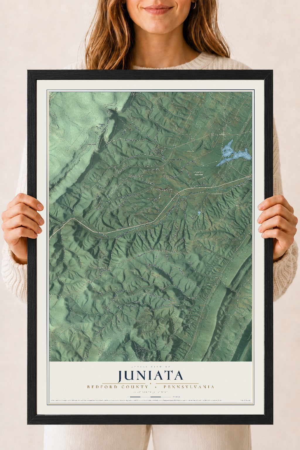 Map of Juniata, Bedford County, Pennsylvania, 18 x 24 inch print in a black wood frame