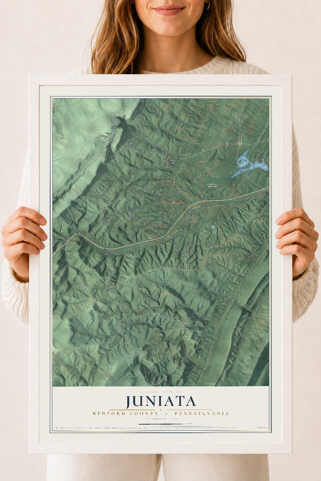 Map of Juniata, Bedford County, Pennsylvania, 18 x 24 inch print in a white wood frame