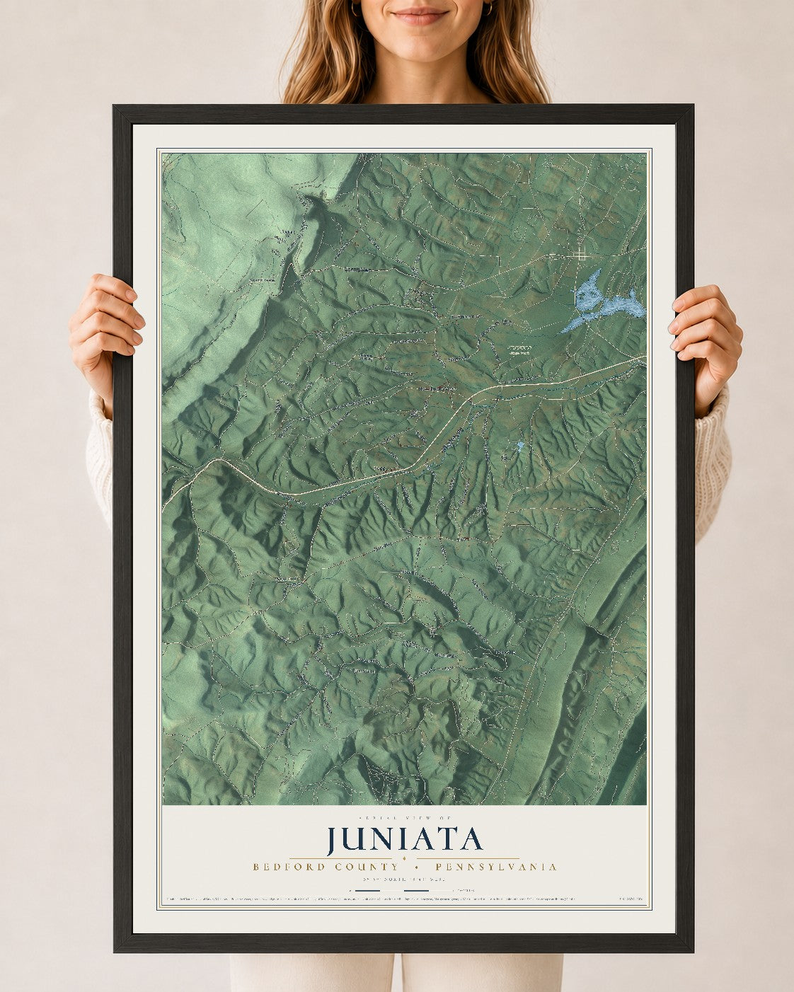 Map of Juniata, Bedford County, Pennsylvania, 24 x 36 inch print in a black wood frame
