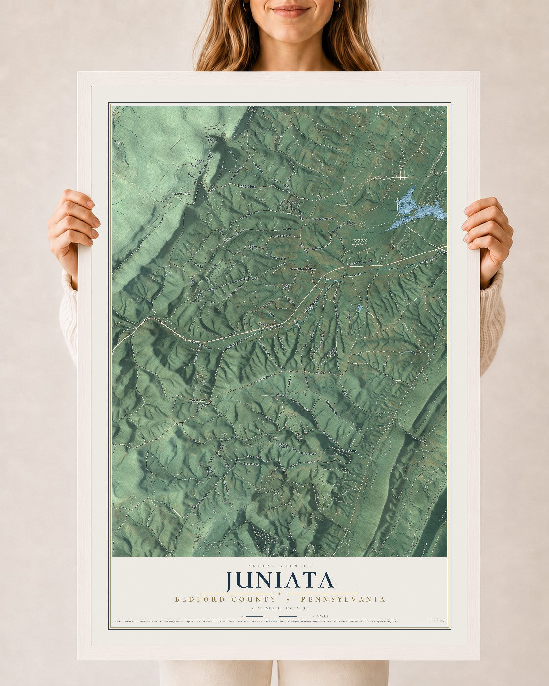Map of Juniata, Bedford County, Pennsylvania, 24 x 36 inch print in a white wood frame