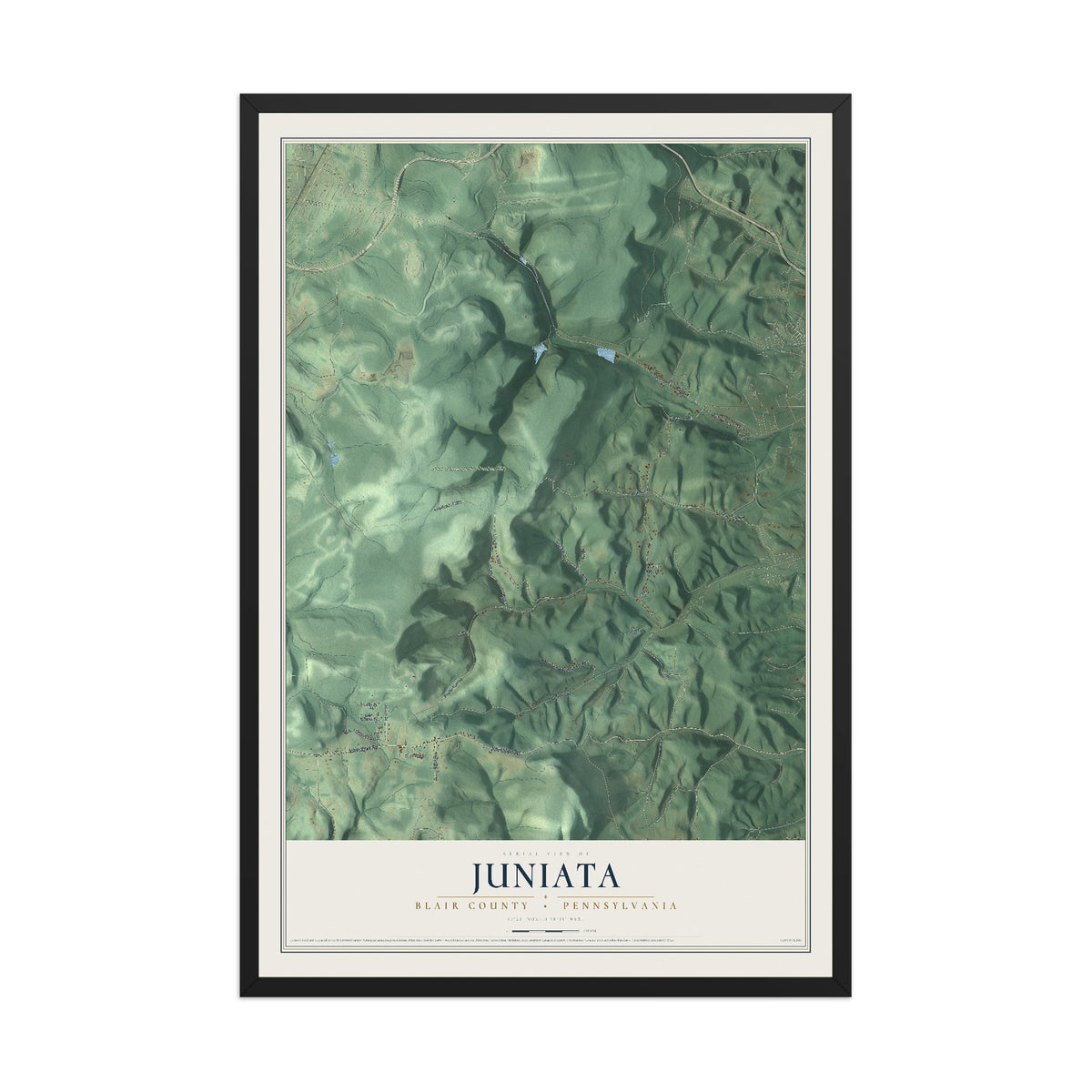 Map of Juniata, Blair County, Pennsylvania, 12 x 18 inch print in a black wood frame