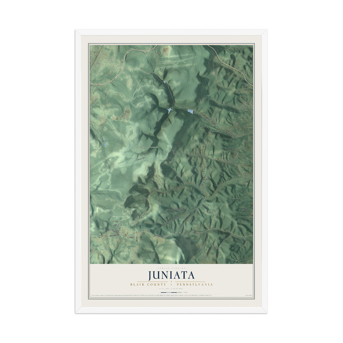 Map of Juniata, Blair County, Pennsylvania, 12 x 18 inch print in a white wood frame