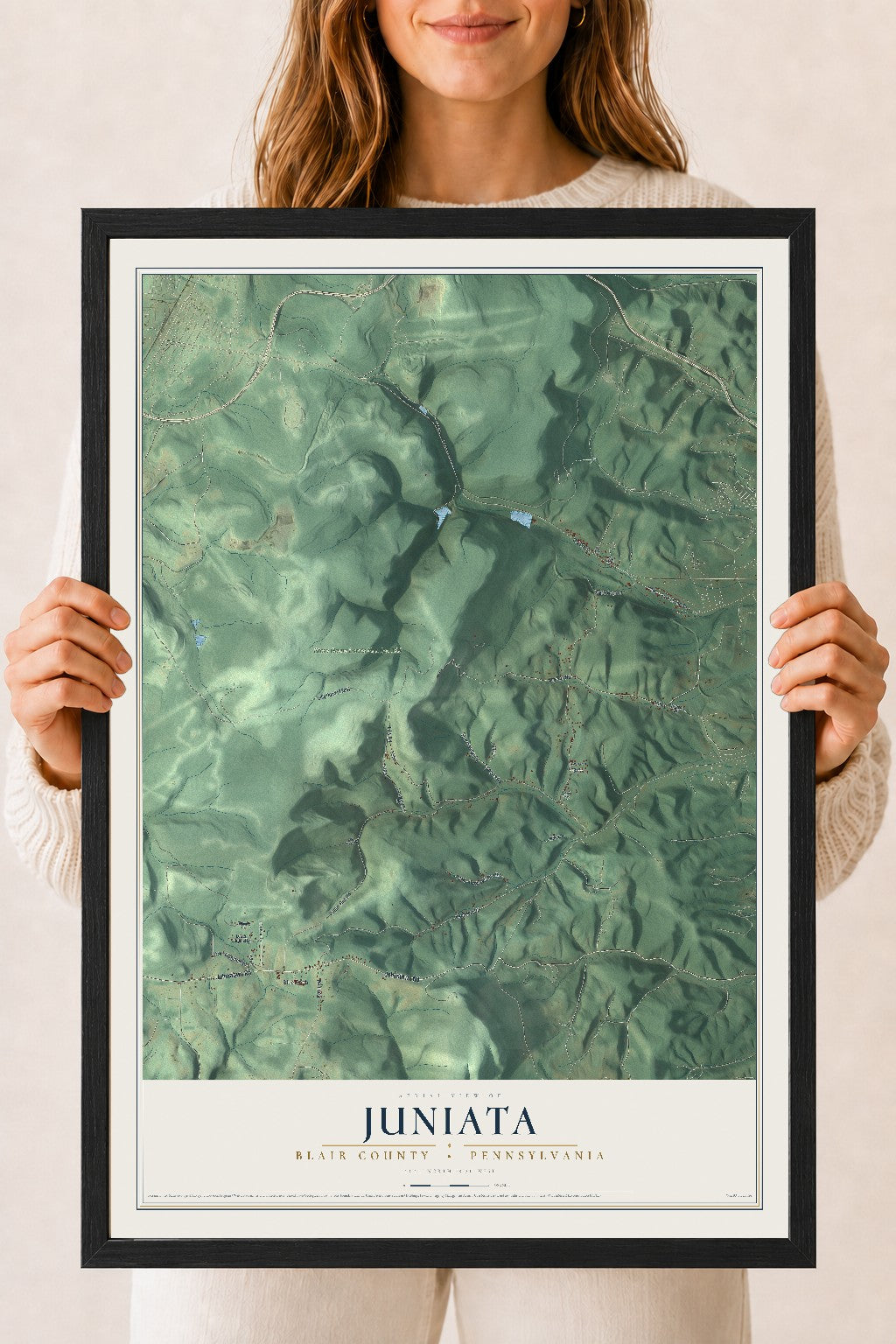 Map of Juniata, Blair County, Pennsylvania, 18 x 24 inch print in a black wood frame