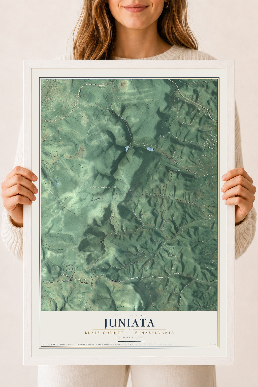 Map of Juniata, Blair County, Pennsylvania, 18 x 24 inch print in a white wood frame