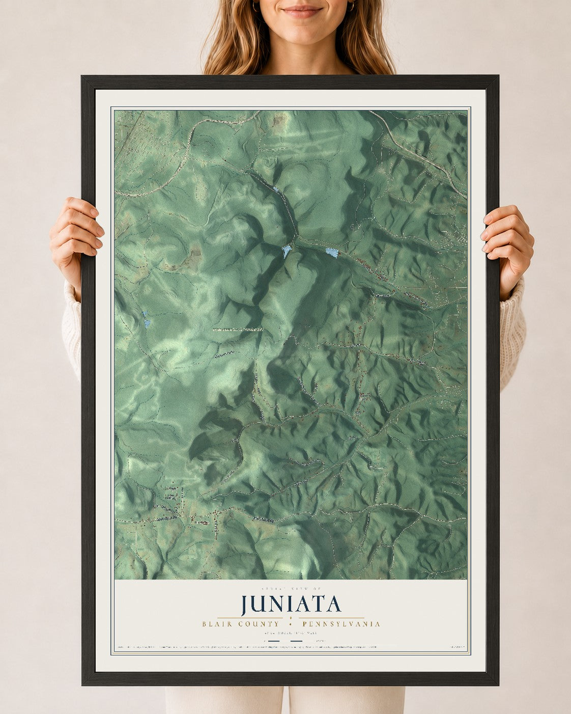 Map of Juniata, Blair County, Pennsylvania, 24 x 36 inch print in a black wood frame