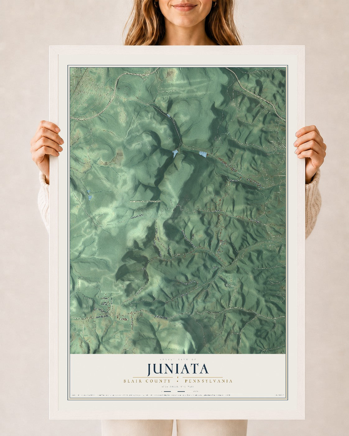 Map of Juniata, Blair County, Pennsylvania, 24 x 36 inch print in a white wood frame