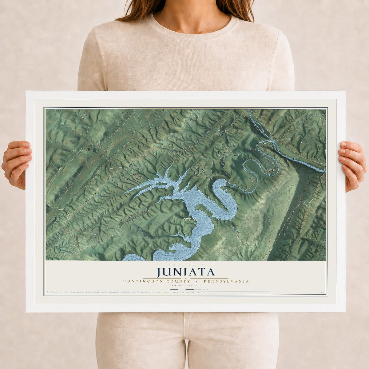 Map of Juniata, Huntingdon County, Pennsylvania, 12 x 18 inch print in a white wood frame