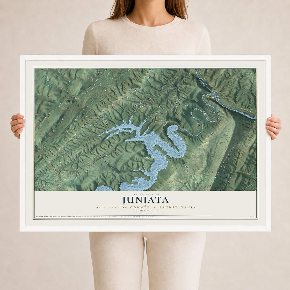 Map of Juniata, Huntingdon County, Pennsylvania, 24 x 36 inch print in a white wood frame