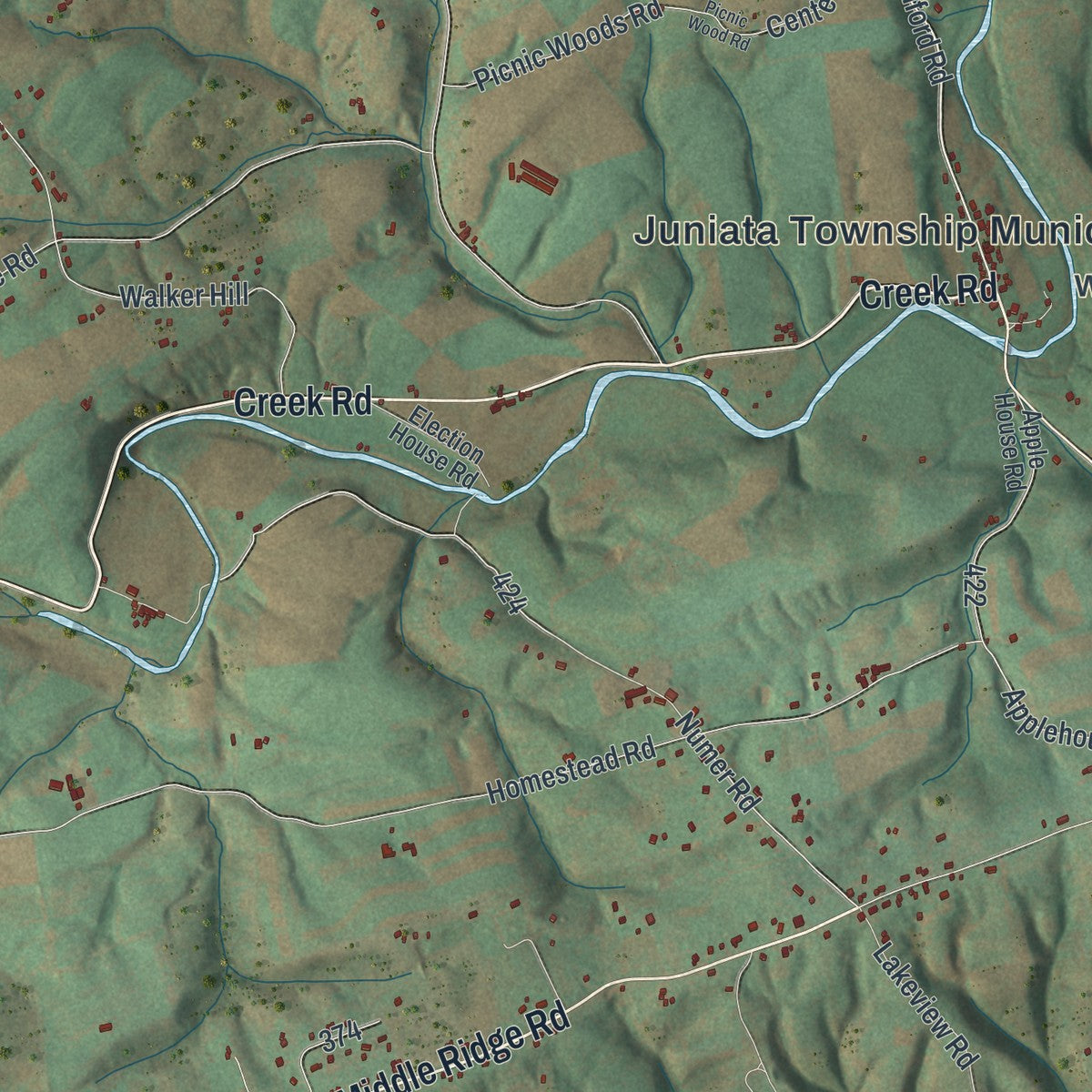 Second close-up of the map of Juniata, Perry County, Pennsylvania print showing more streets and buildings