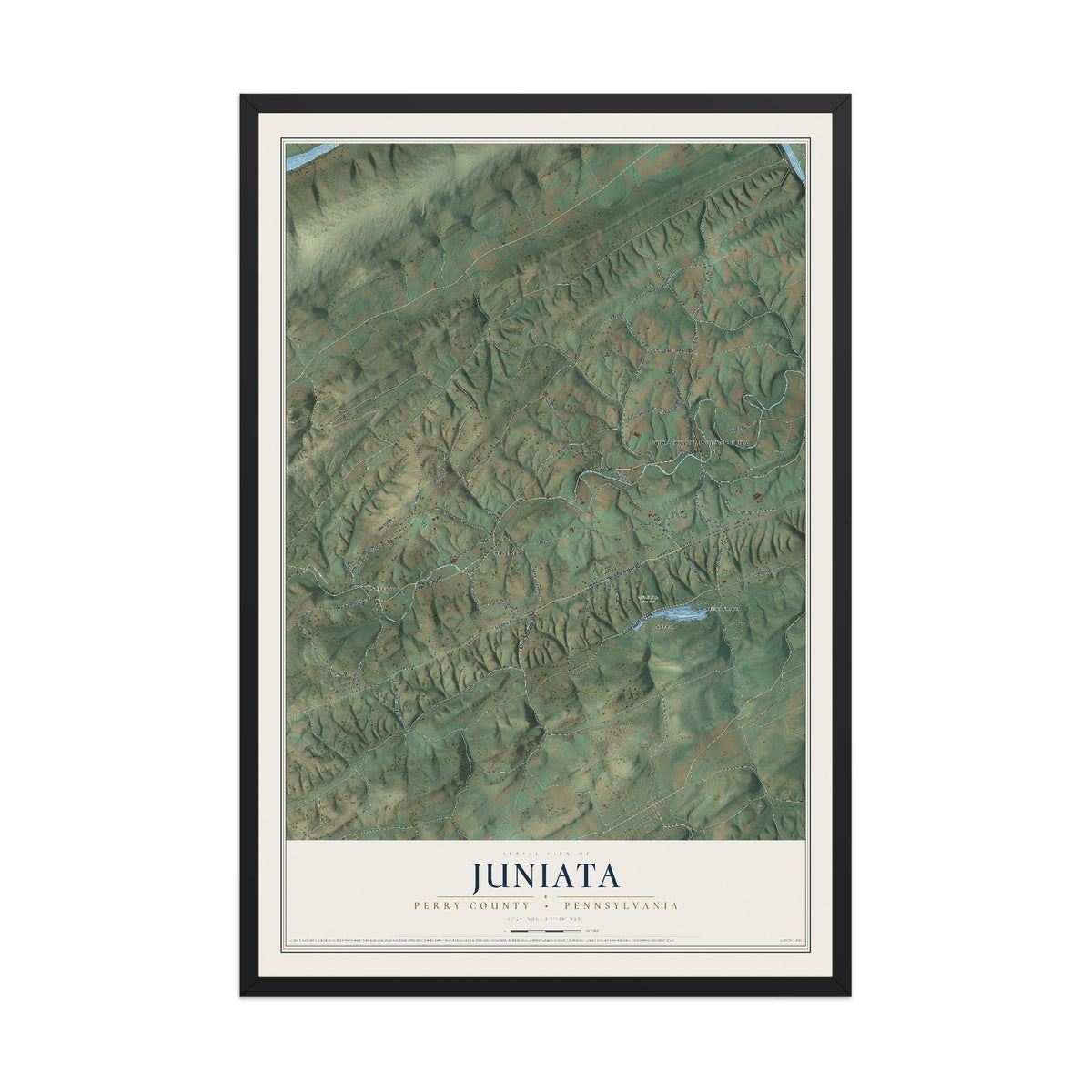 Map of Juniata, Perry County, Pennsylvania, 12 x 18 inch print in a black wood frame