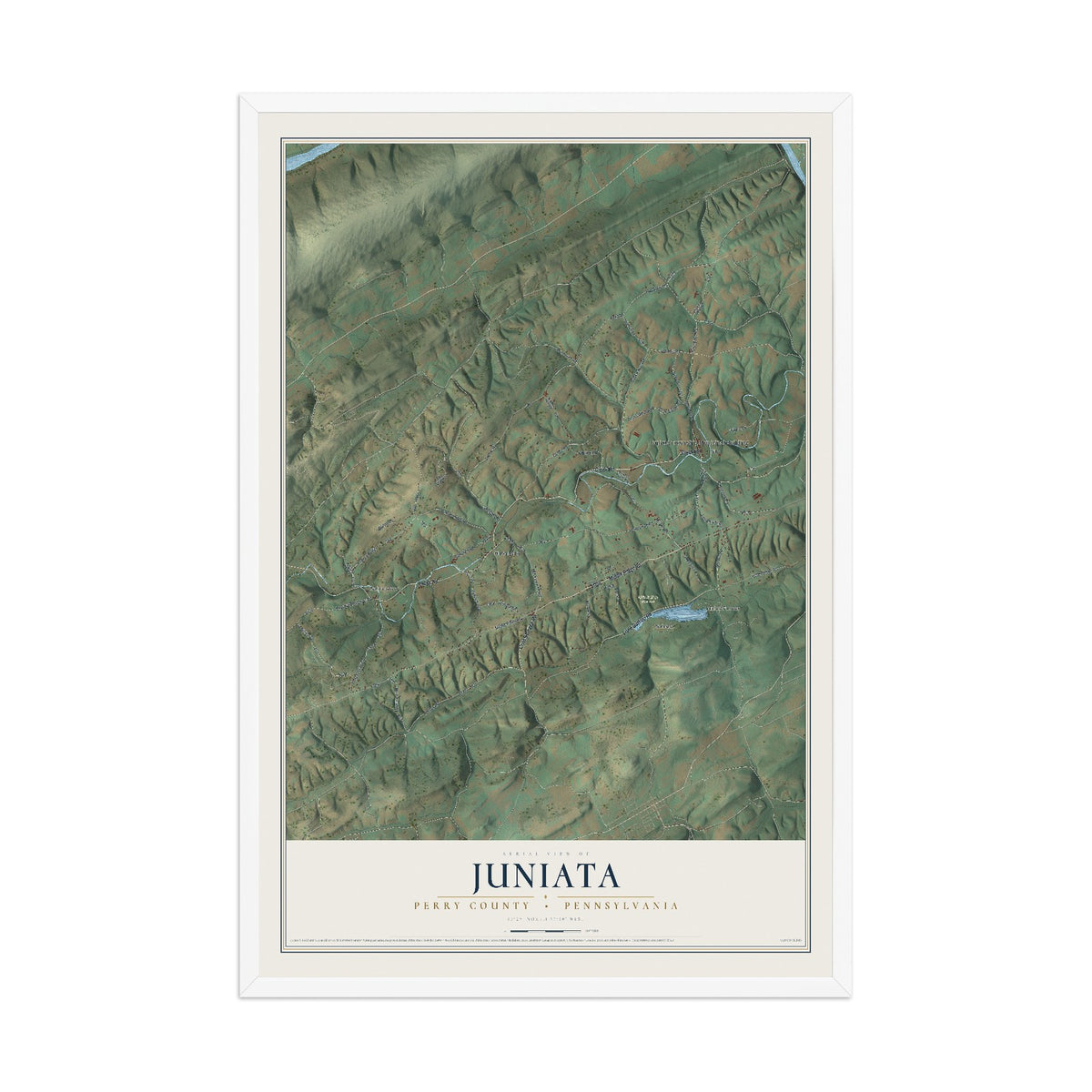 Map of Juniata, Perry County, Pennsylvania, 12 x 18 inch print in a white wood frame