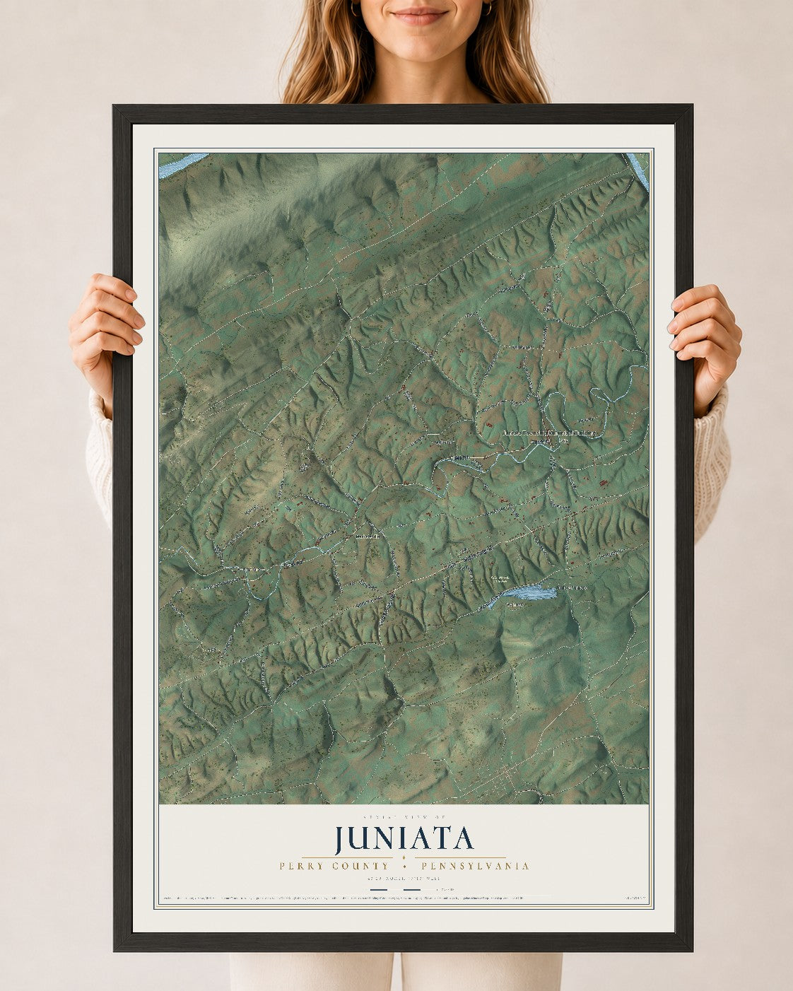 Map of Juniata, Perry County, Pennsylvania, 24 x 36 inch print in a black wood frame