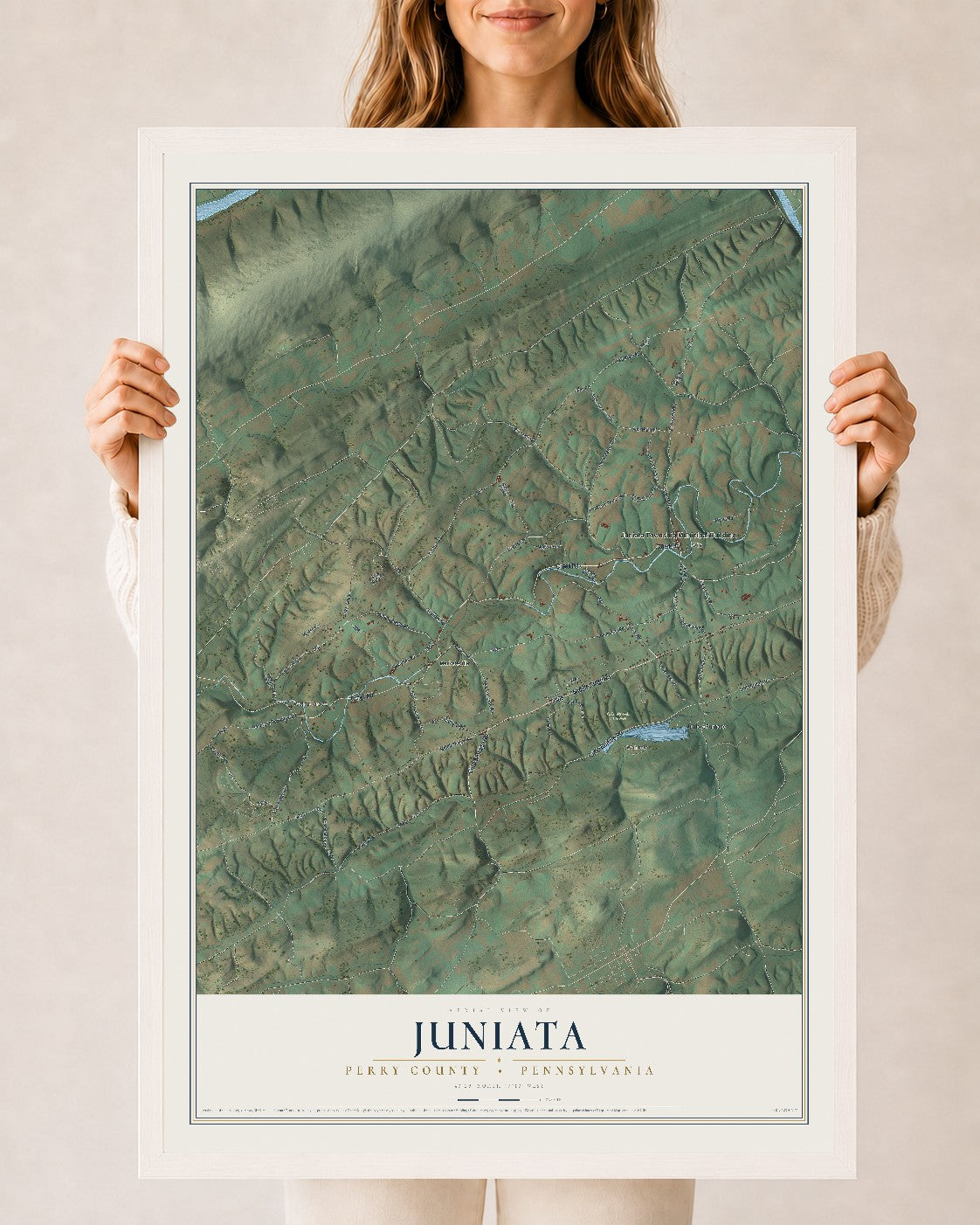 Map of Juniata, Perry County, Pennsylvania, 24 x 36 inch print in a white wood frame