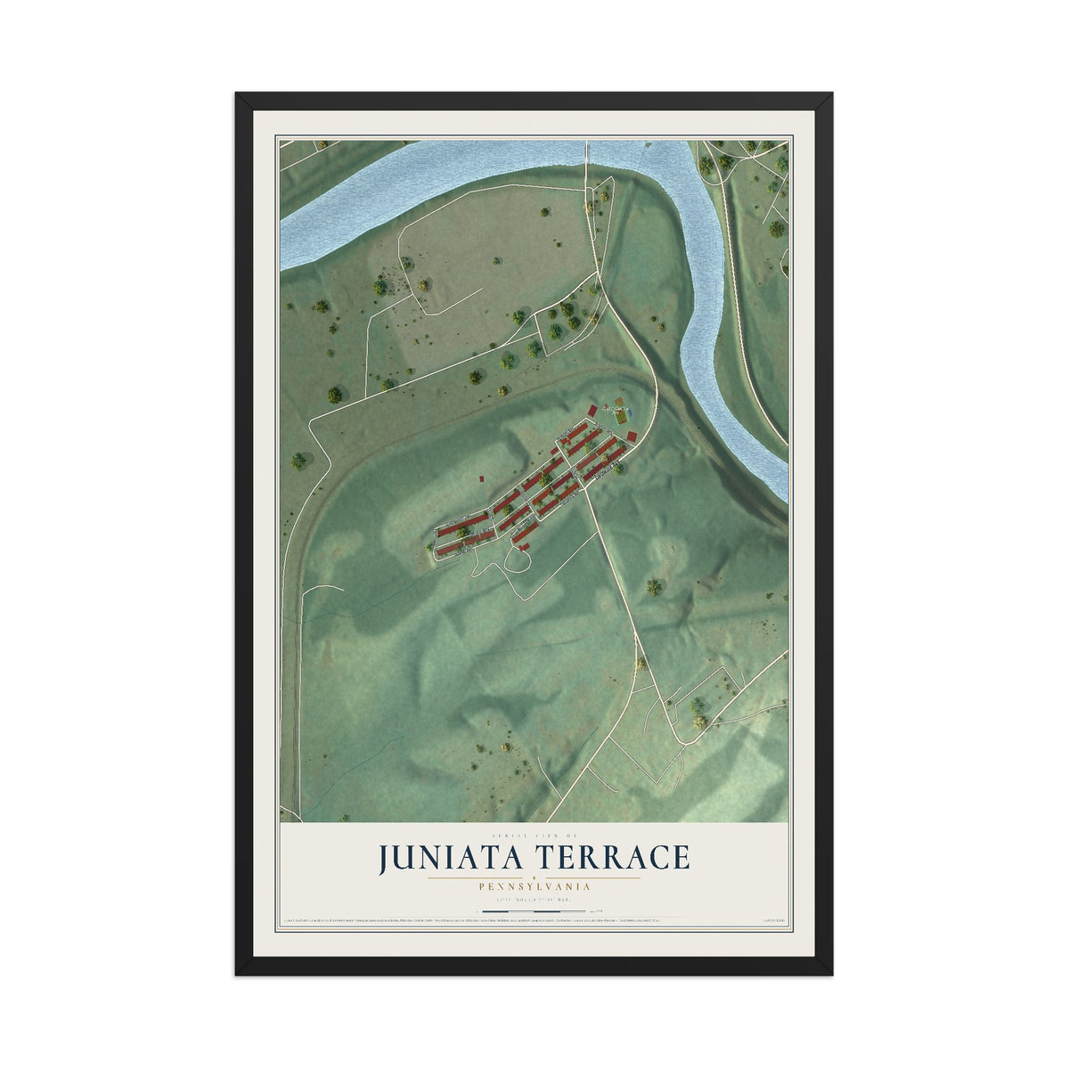 Map of Juniata Terrace, Pennsylvania, 12 x 18 inch print in a black wood frame