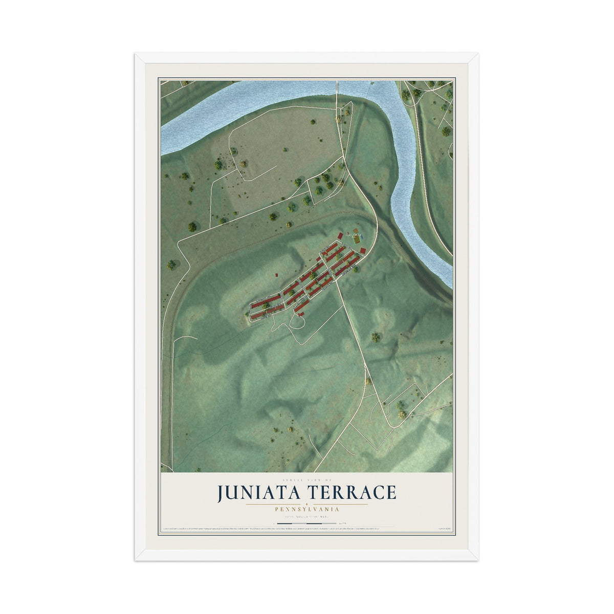 Map of Juniata Terrace, Pennsylvania, 12 x 18 inch print in a white wood frame