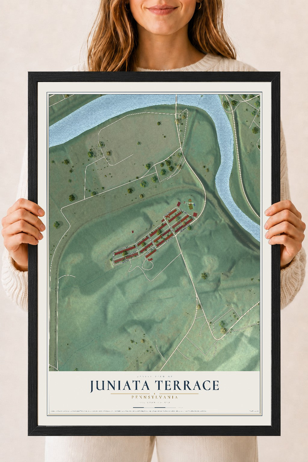 Map of Juniata Terrace, Pennsylvania, 18 x 24 inch print in a black wood frame