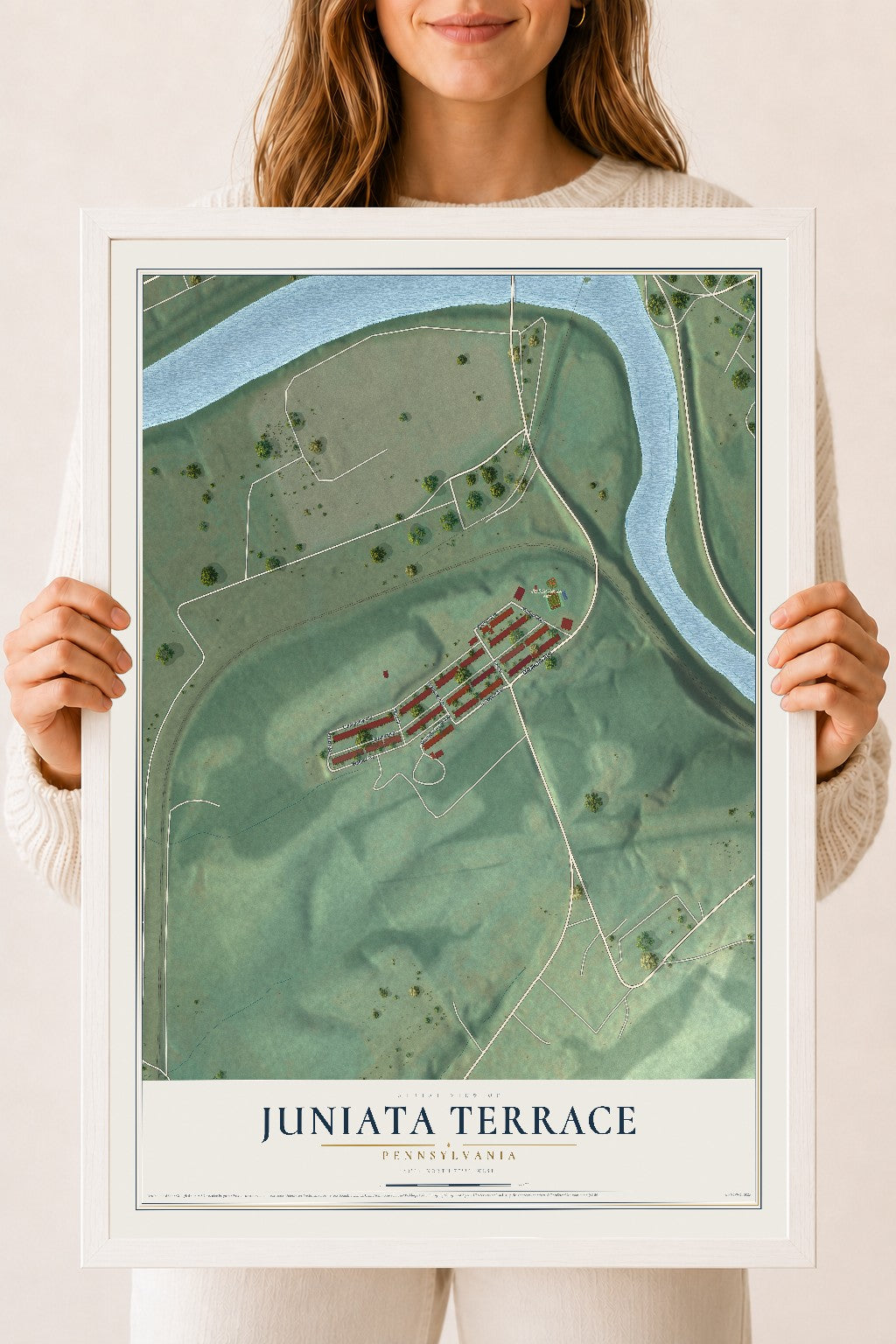 Map of Juniata Terrace, Pennsylvania, 18 x 24 inch print in a white wood frame
