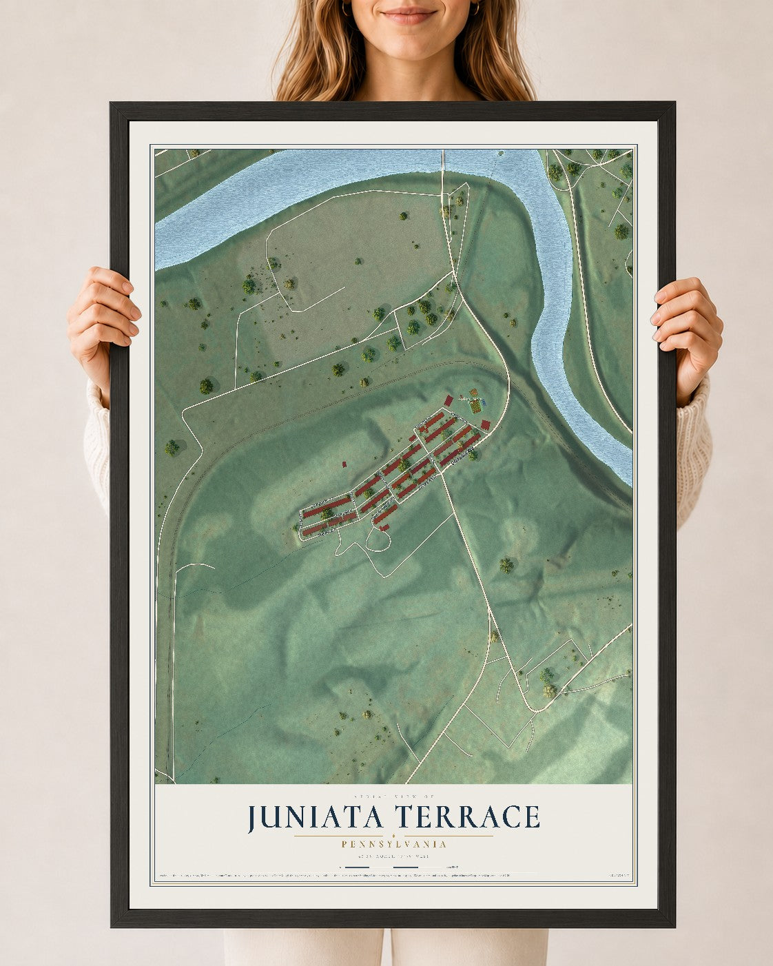 Map of Juniata Terrace, Pennsylvania, 24 x 36 inch print in a black wood frame