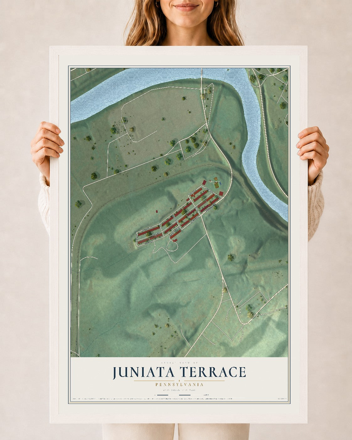 Map of Juniata Terrace, Pennsylvania, 24 x 36 inch print in a white wood frame