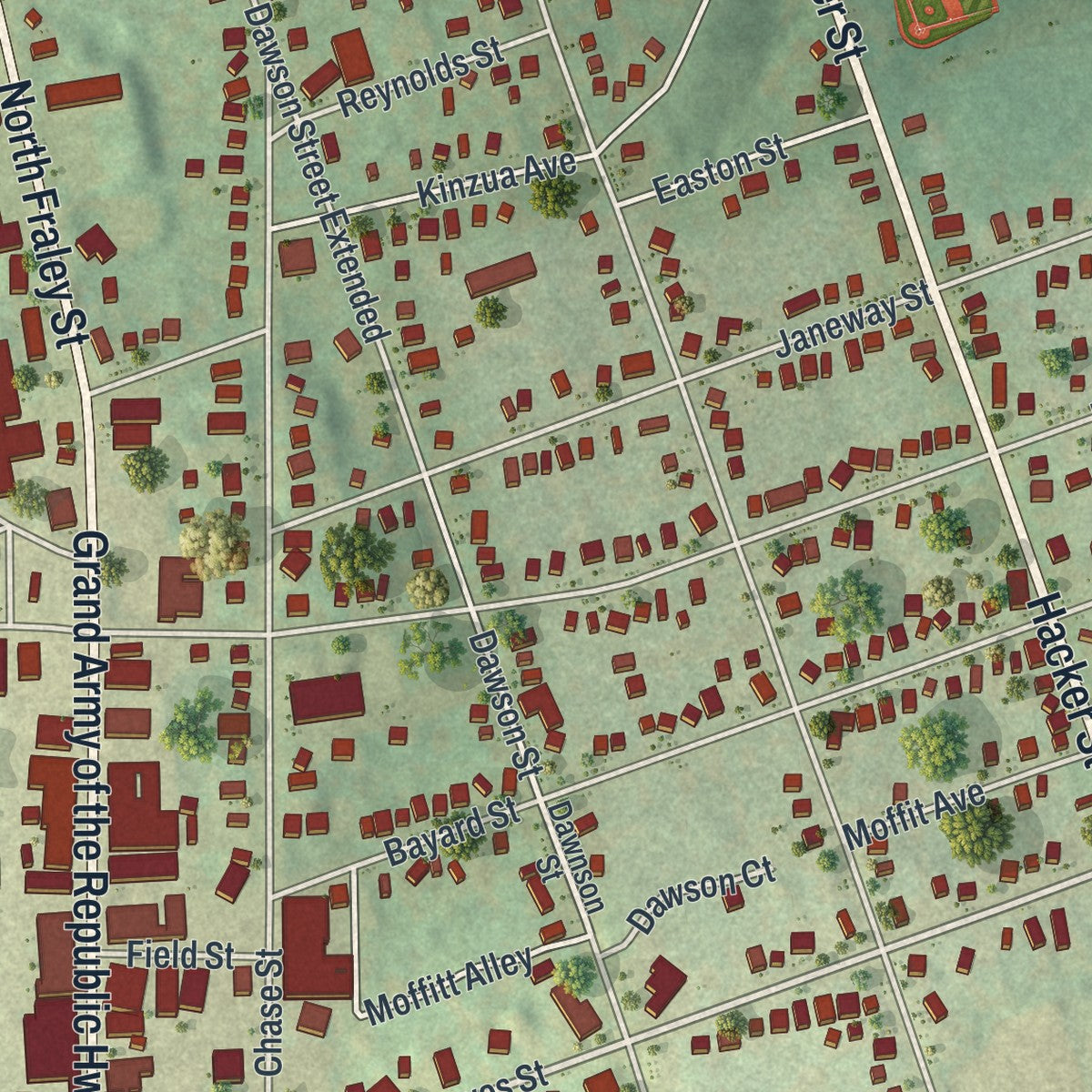 Close-up of the map of Kane, Pennsylvania print showing street and building detail