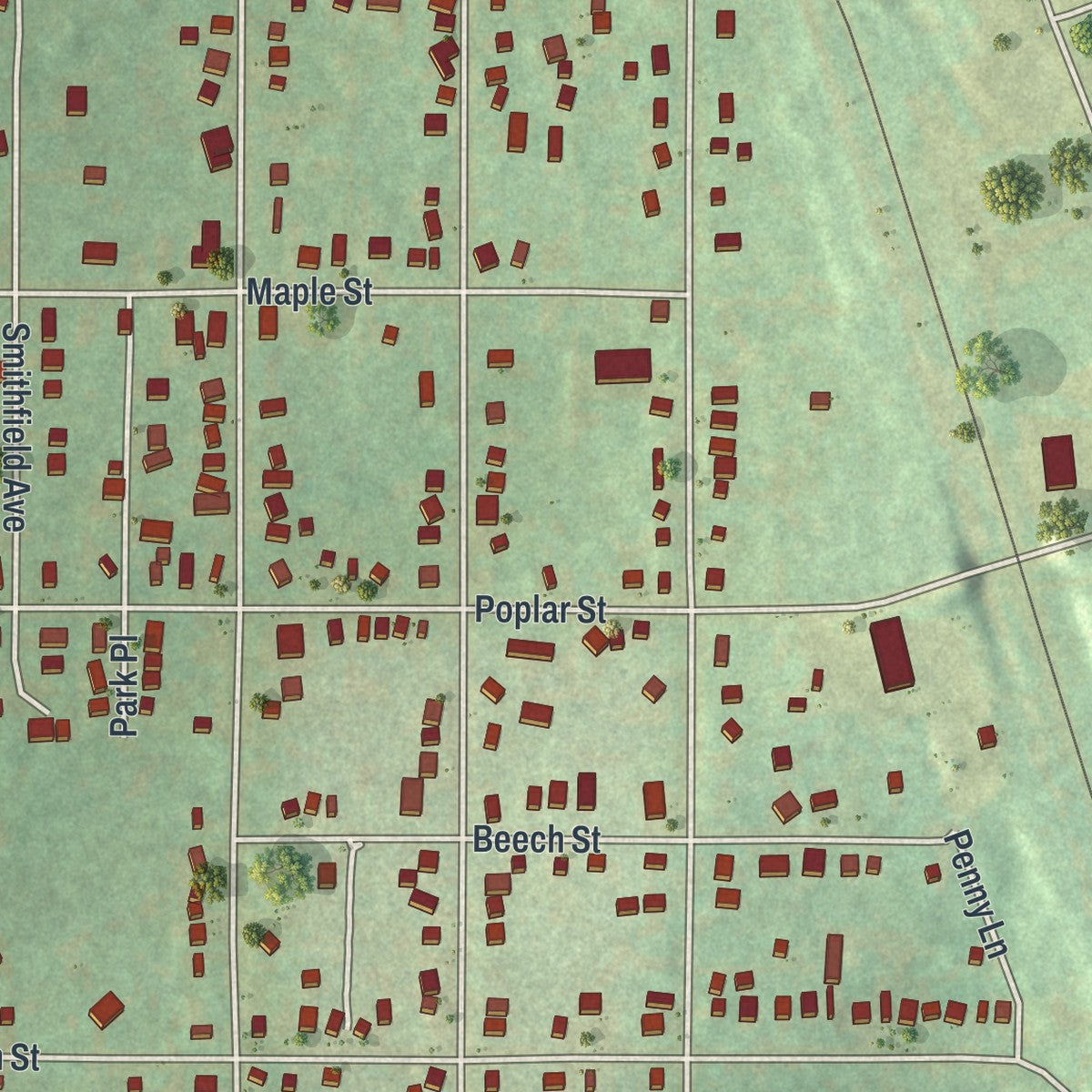 Second close-up of the map of Kane, Pennsylvania print showing more streets and buildings