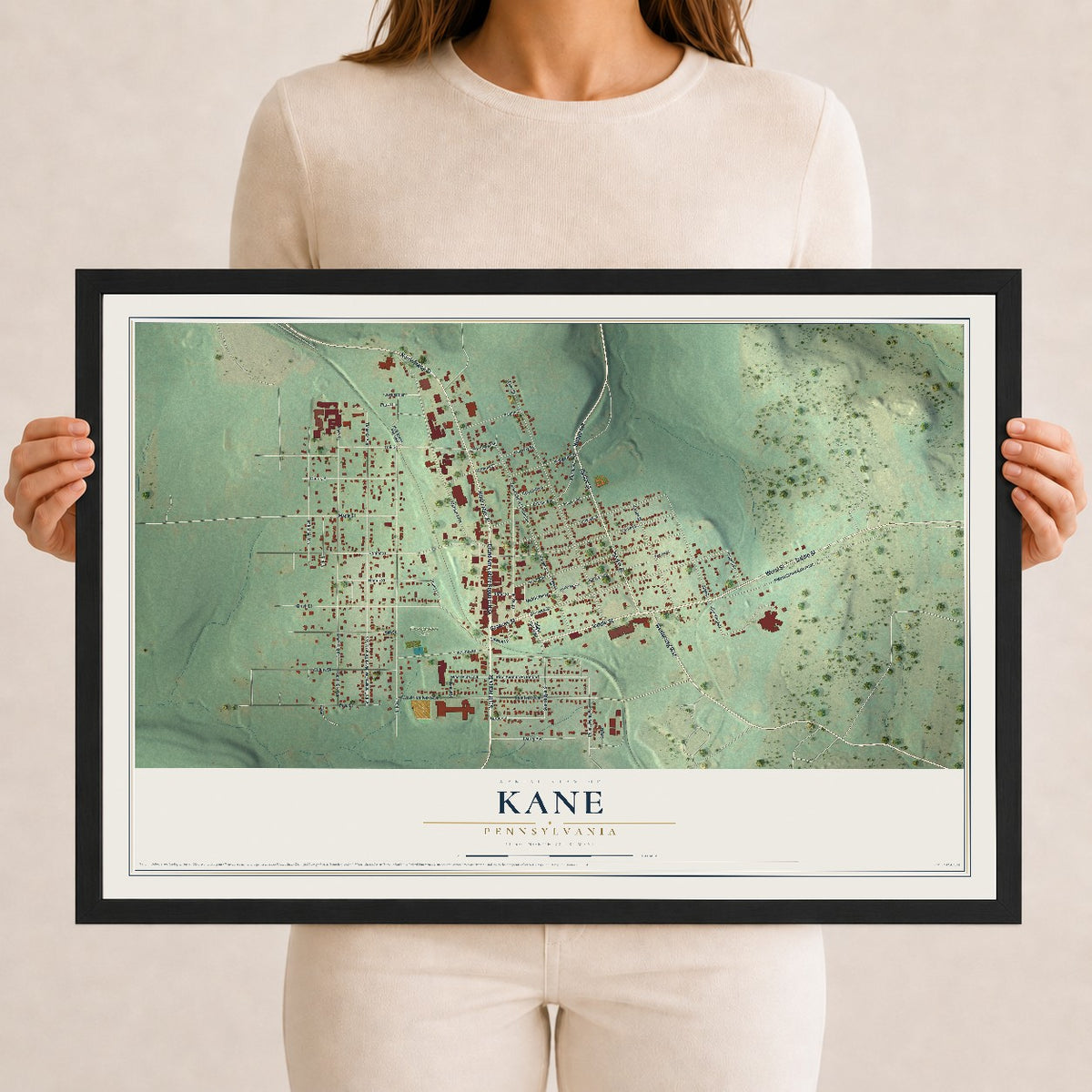 Map of Kane, Pennsylvania, 12 x 18 inch print in a black wood frame