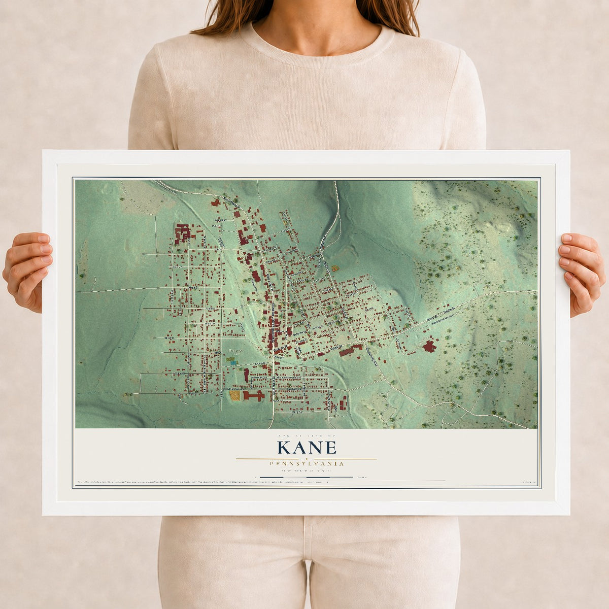 Map of Kane, Pennsylvania, 12 x 18 inch print in a white wood frame
