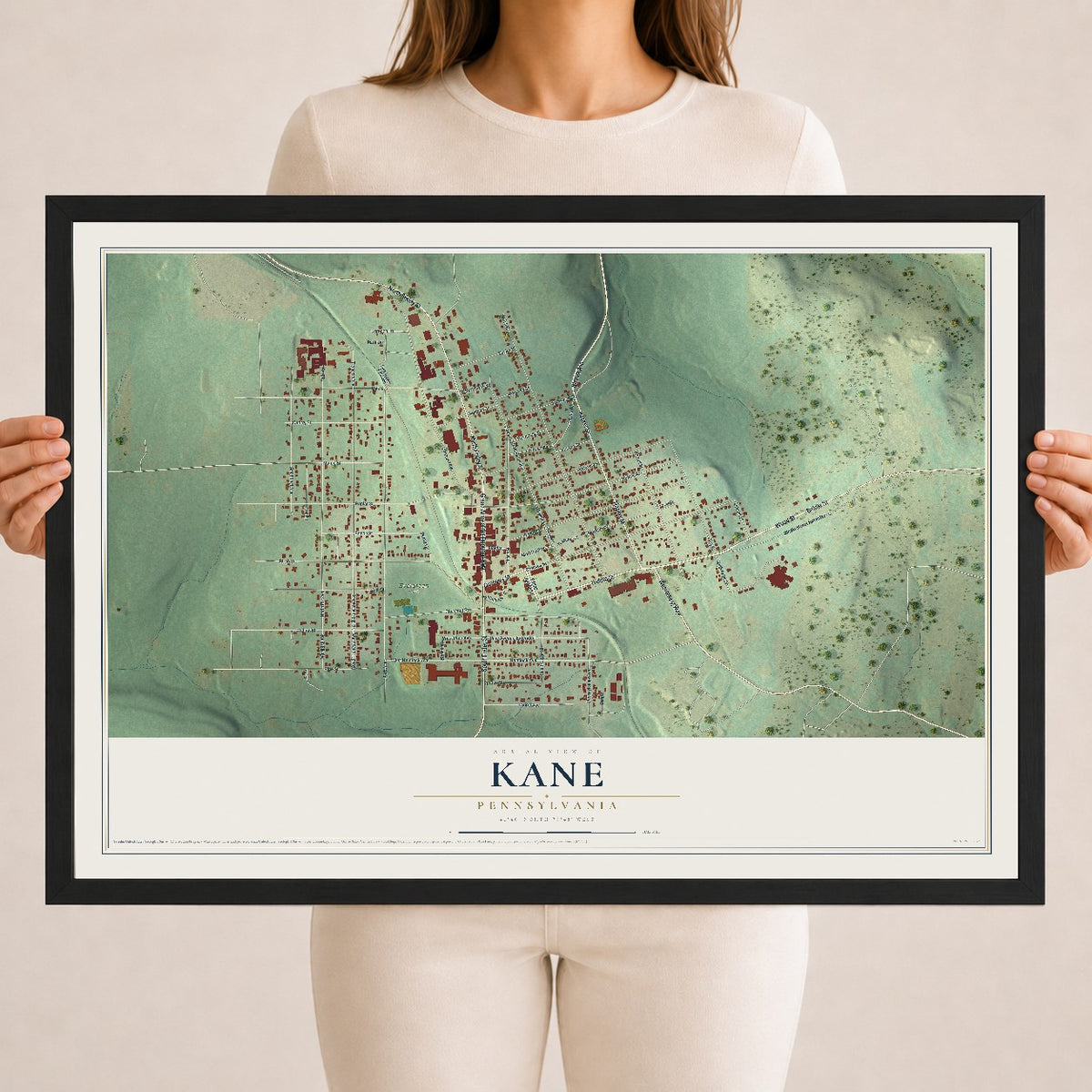 Map of Kane, Pennsylvania, 18 x 24 inch print in a black wood frame