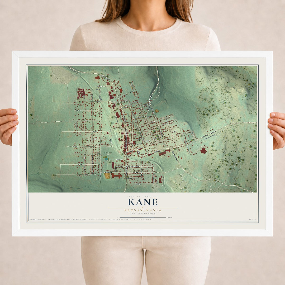 Map of Kane, Pennsylvania, 18 x 24 inch print in a white wood frame