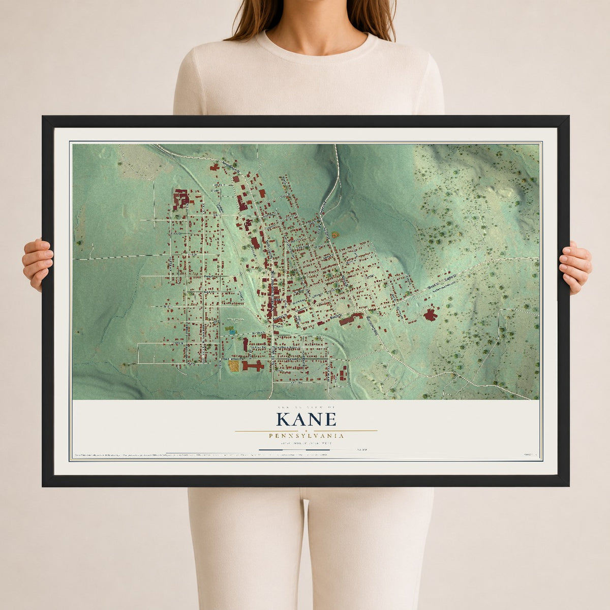 Map of Kane, Pennsylvania, 24 x 36 inch print in a black wood frame