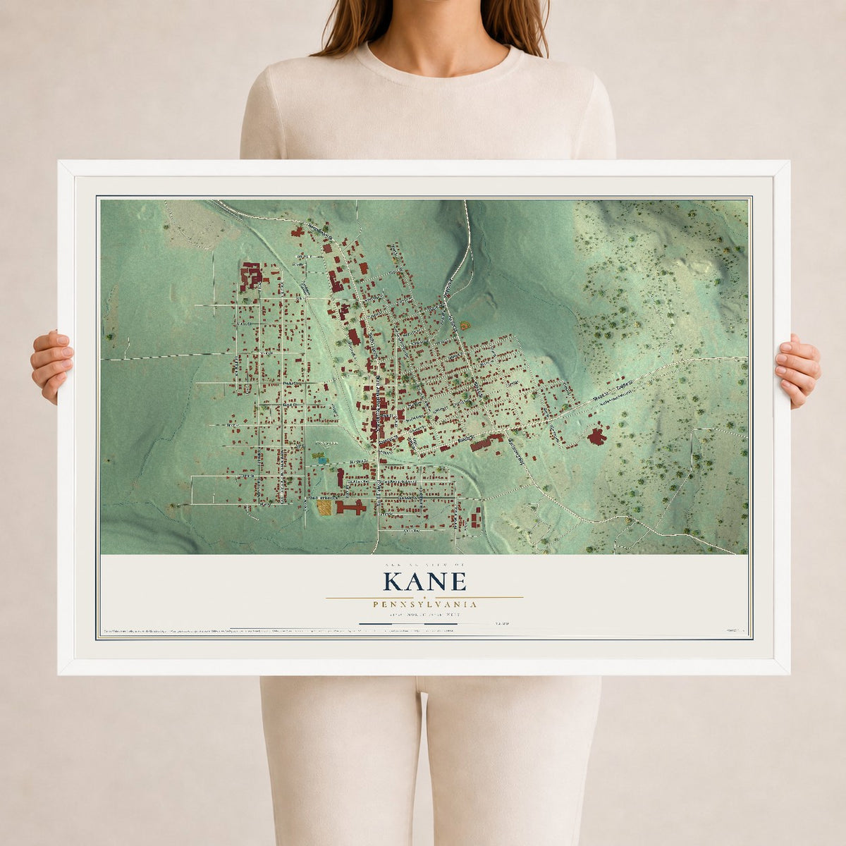 Map of Kane, Pennsylvania, 24 x 36 inch print in a white wood frame